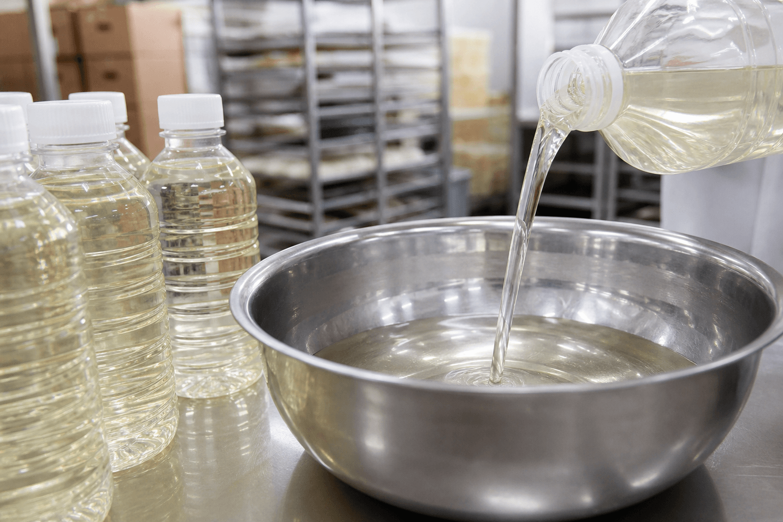 Pale yellow liquid poured from a plastic bottle into a stainless steel bowl beside sealed sample bottles