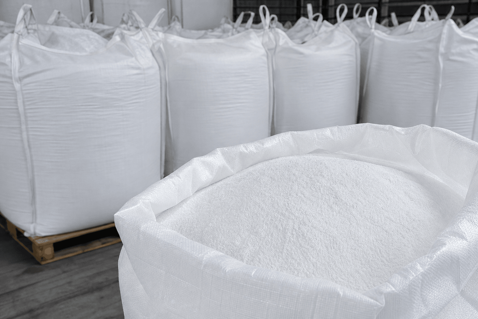 Open white bulk bag filled with white crystalline powder with palletized bags behind