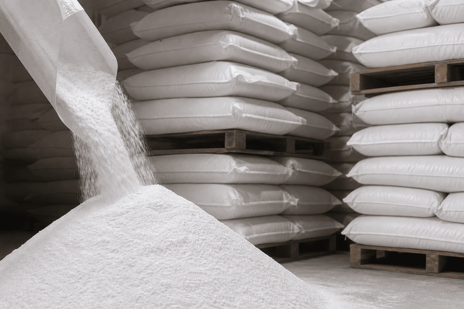 White powder poured from a sack onto a pile with palletized bags behind