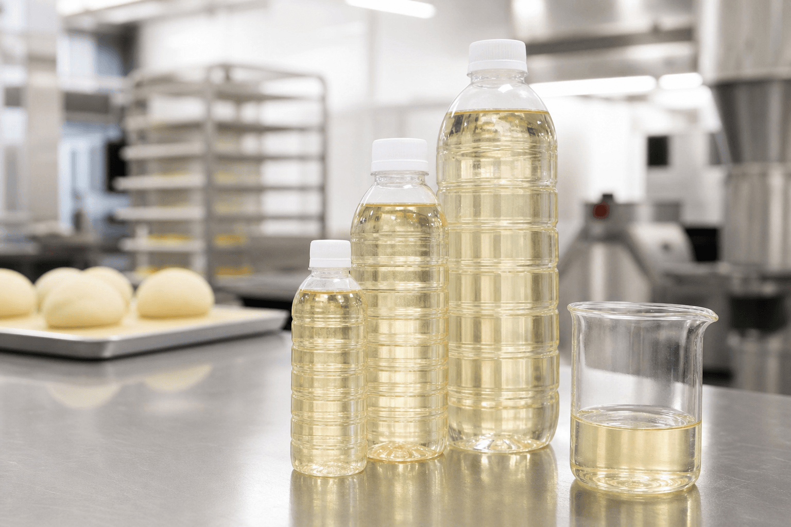 Clear bottles and a glass beaker of pale yellow liquid on a stainless steel production bench