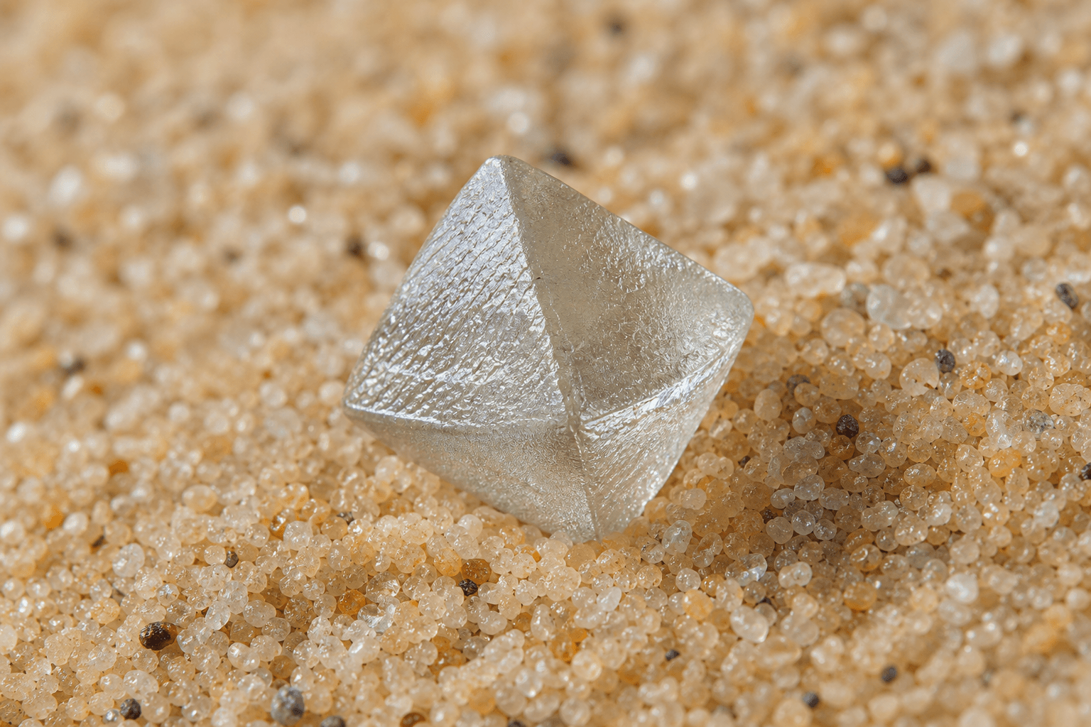 Single pale rough diamond octahedron resting on fine beige sand