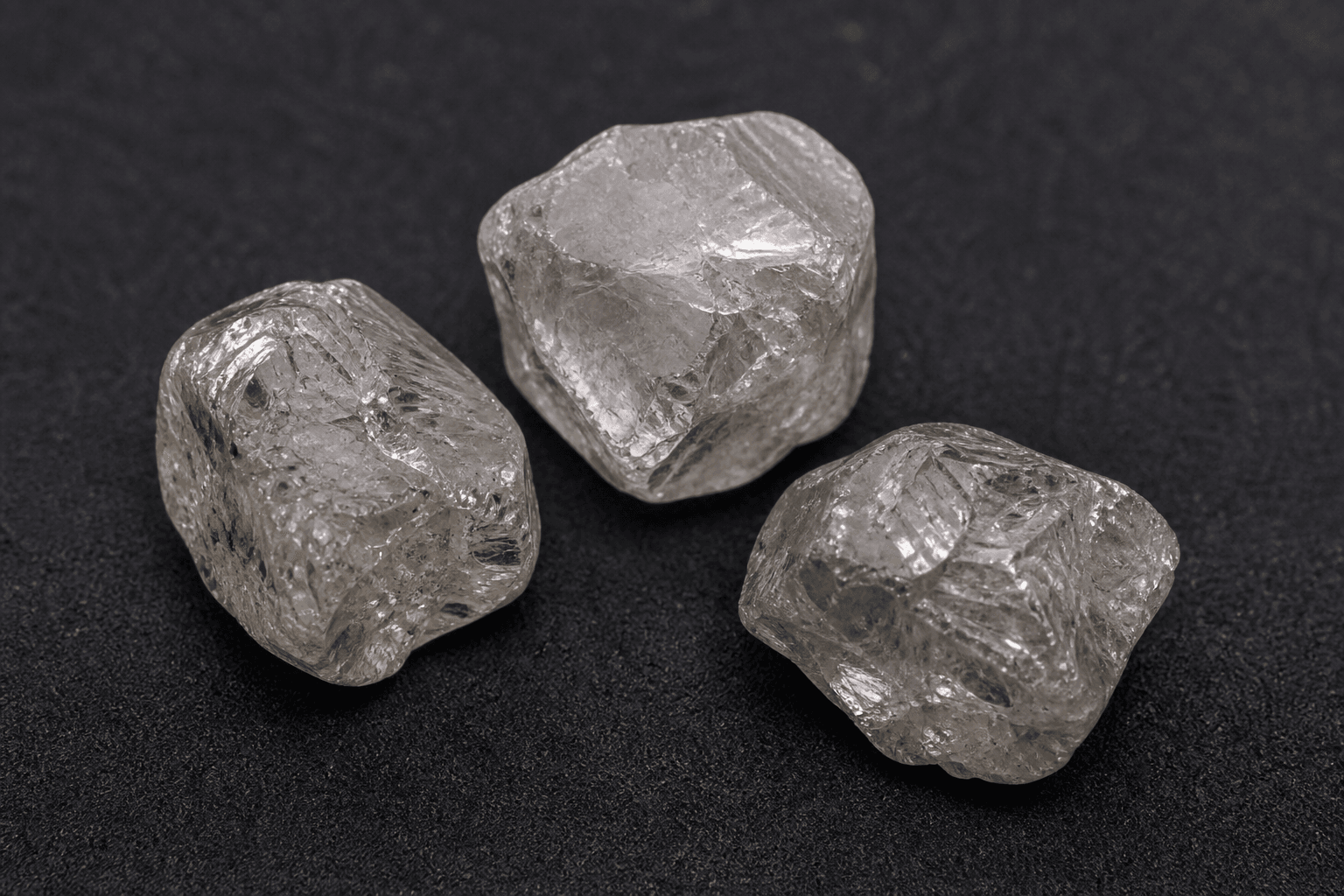Three translucent off-white rough diamonds on a dark charcoal surface