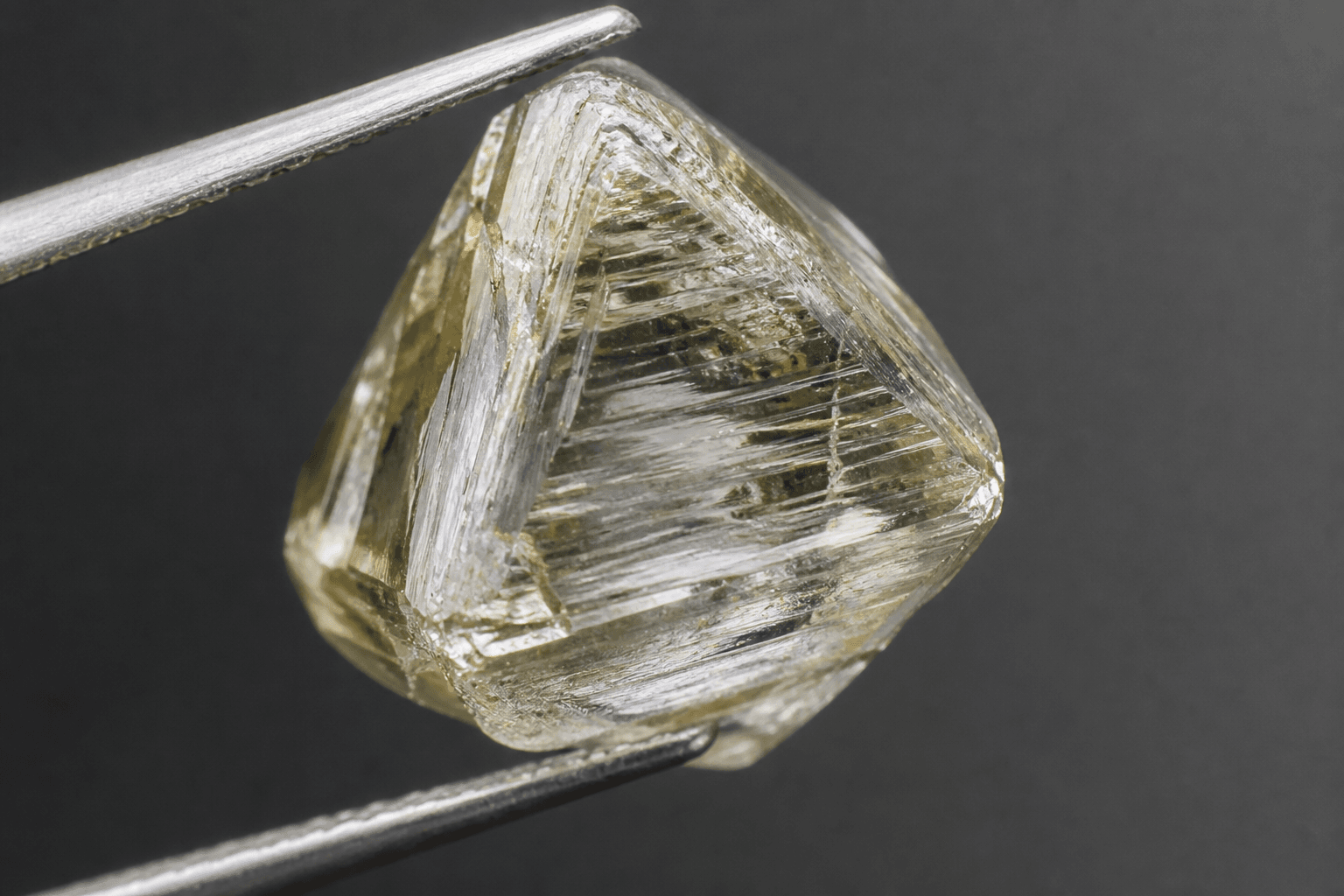 Pale rough octahedral diamond held in jeweler tweezers