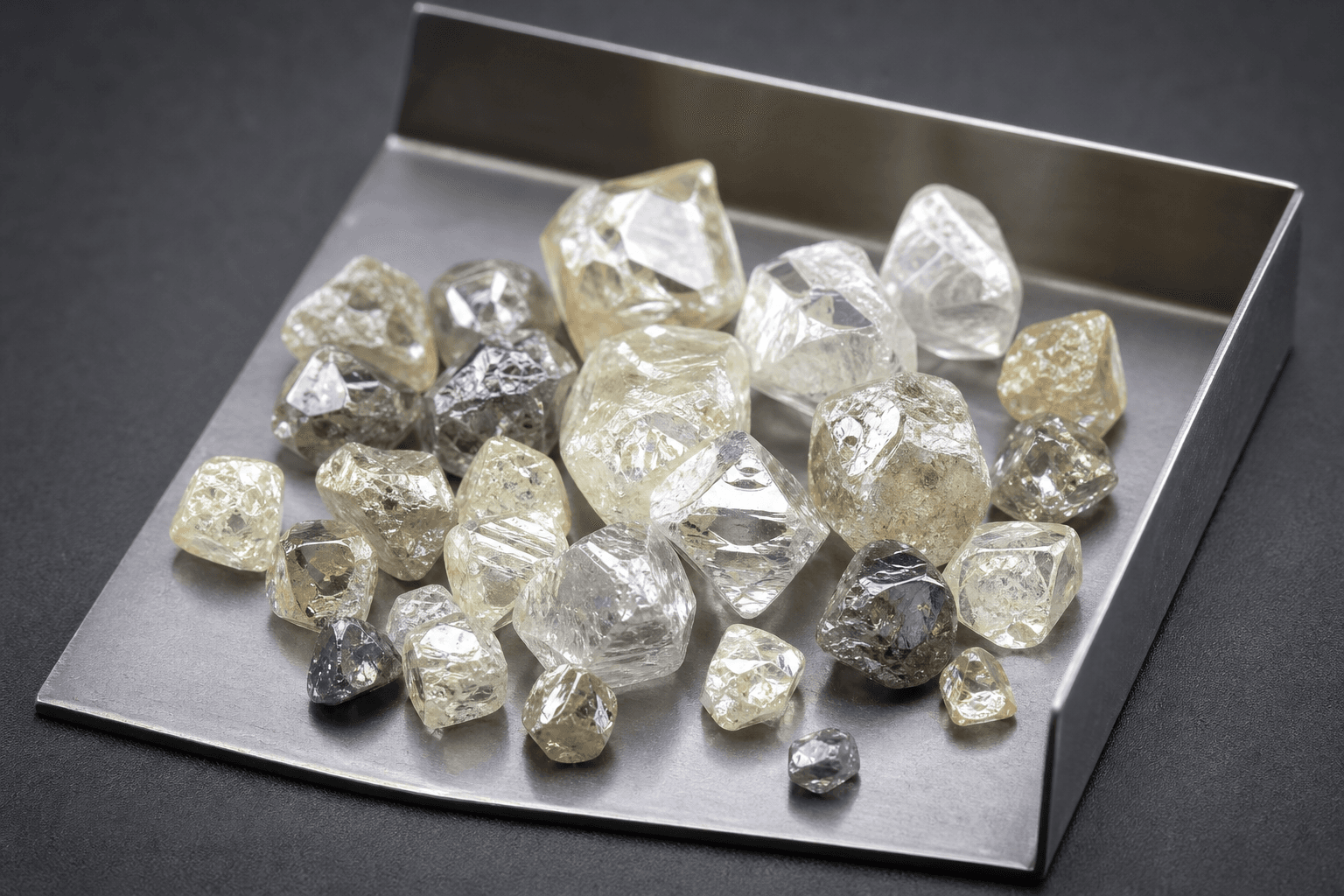 Assorted Namibian rough diamonds of mixed sizes in a brushed metal sorting tray