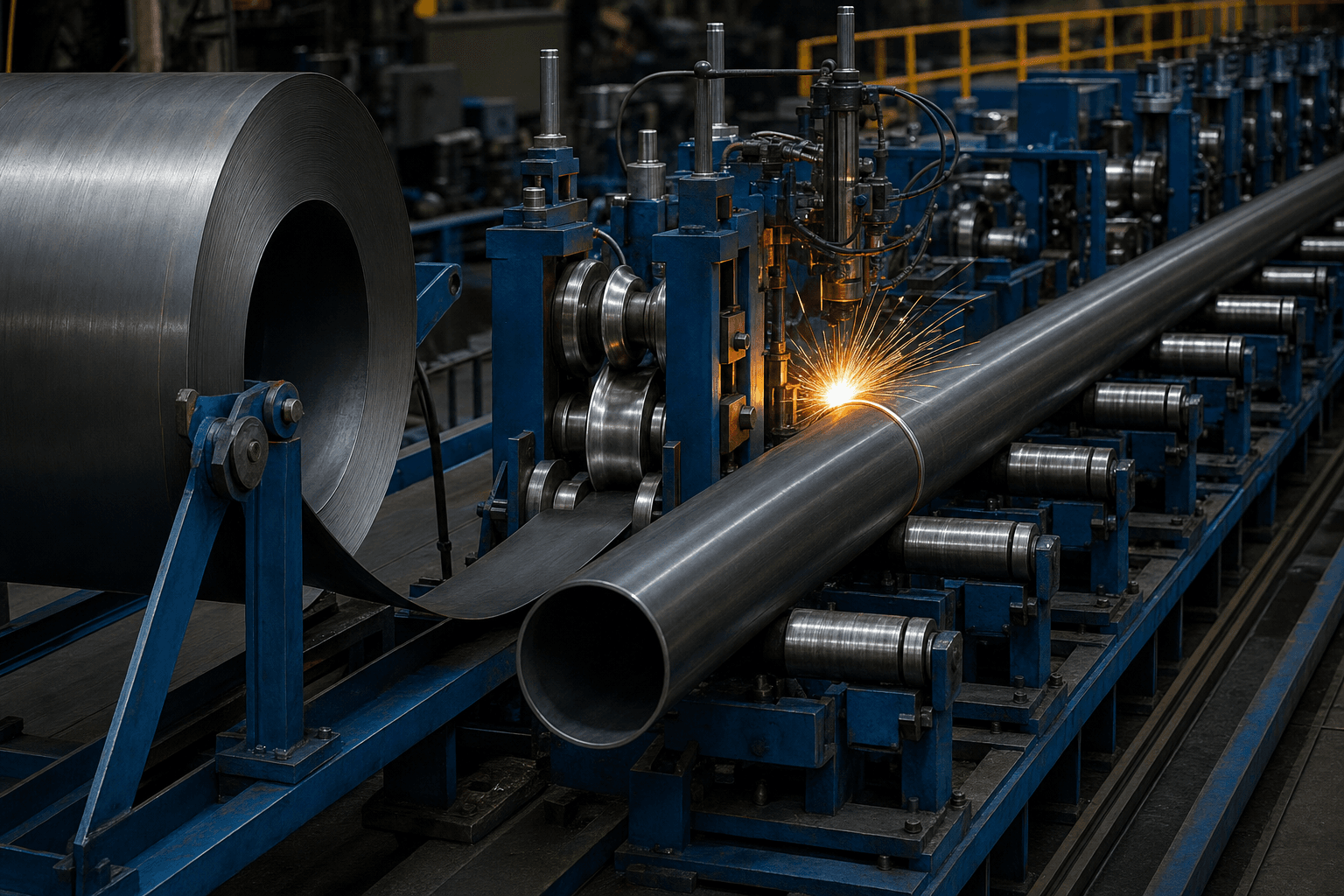Carbon steel coil formed into pipe on a tube mill line