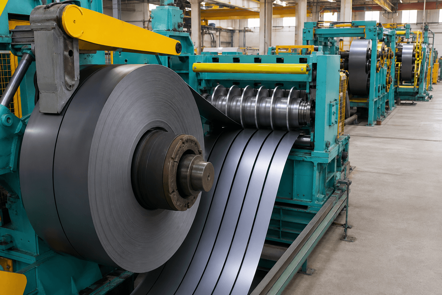 Carbon steel coil feeding a slitting line in a steel service center