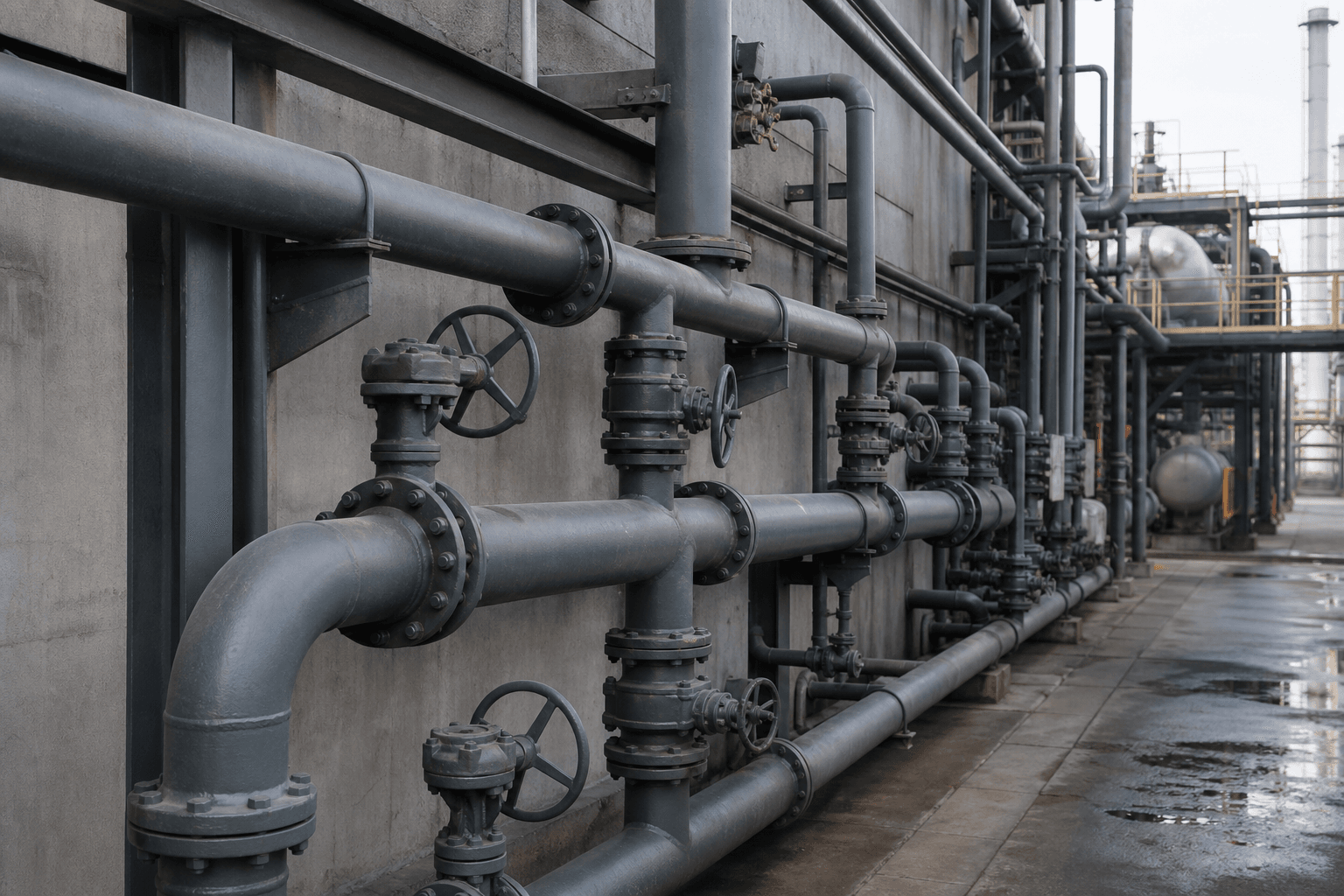 Carbon steel process pipelines with valves in an industrial plant