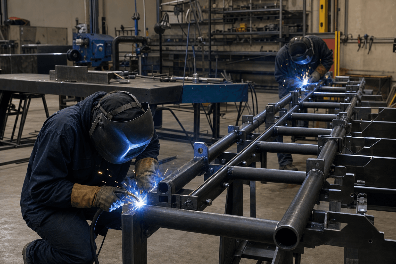 Fabricators welding carbon steel pipe into mechanical equipment frames