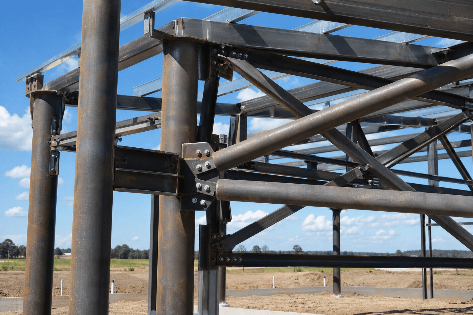 Carbon steel pipes used as structural columns in building construction