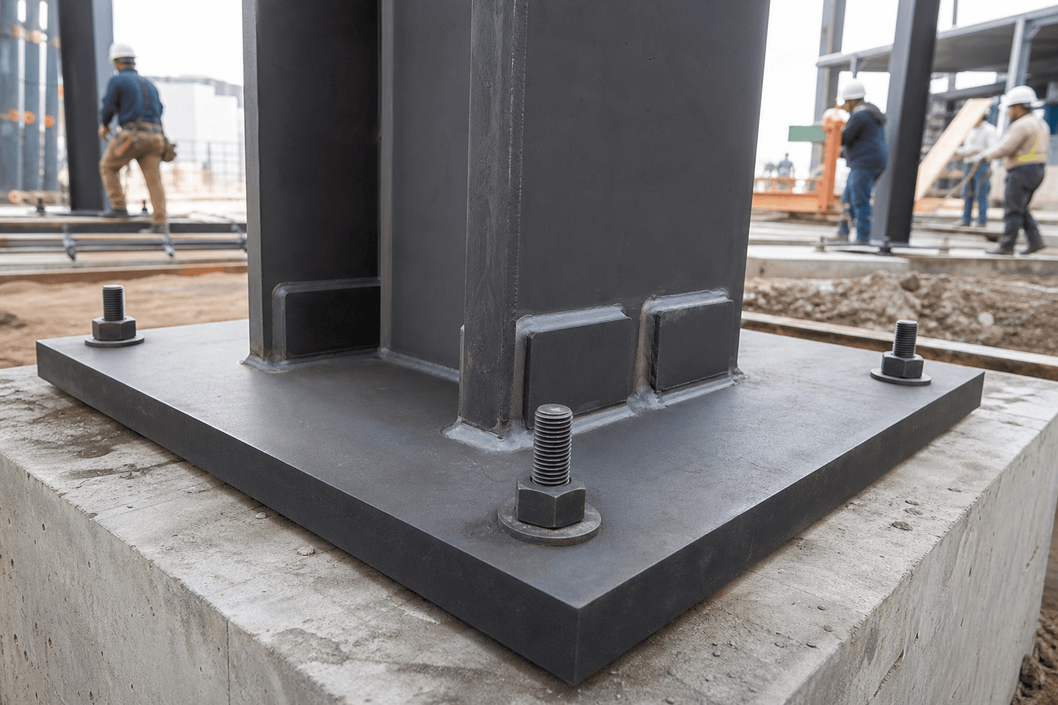 Carbon steel base plates under structural columns on a construction site