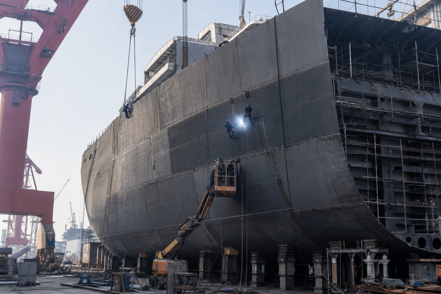 Carbon steel hull plates being fitted in a shipyard