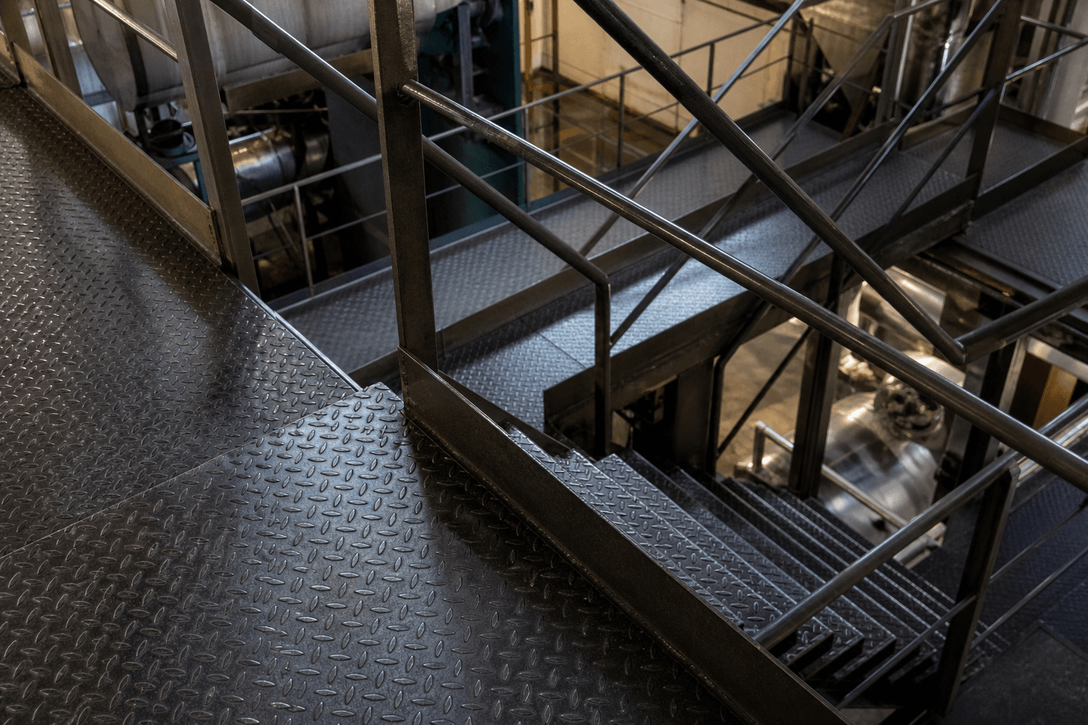 Carbon steel chequered plate walkways and industrial stairs