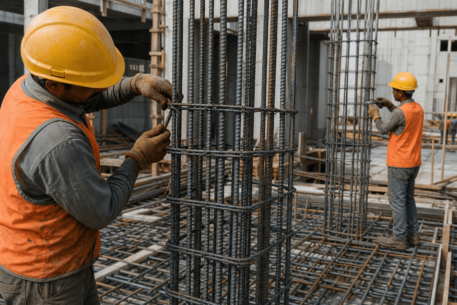 Carbon steel rods tied into reinforcement cages on a construction site