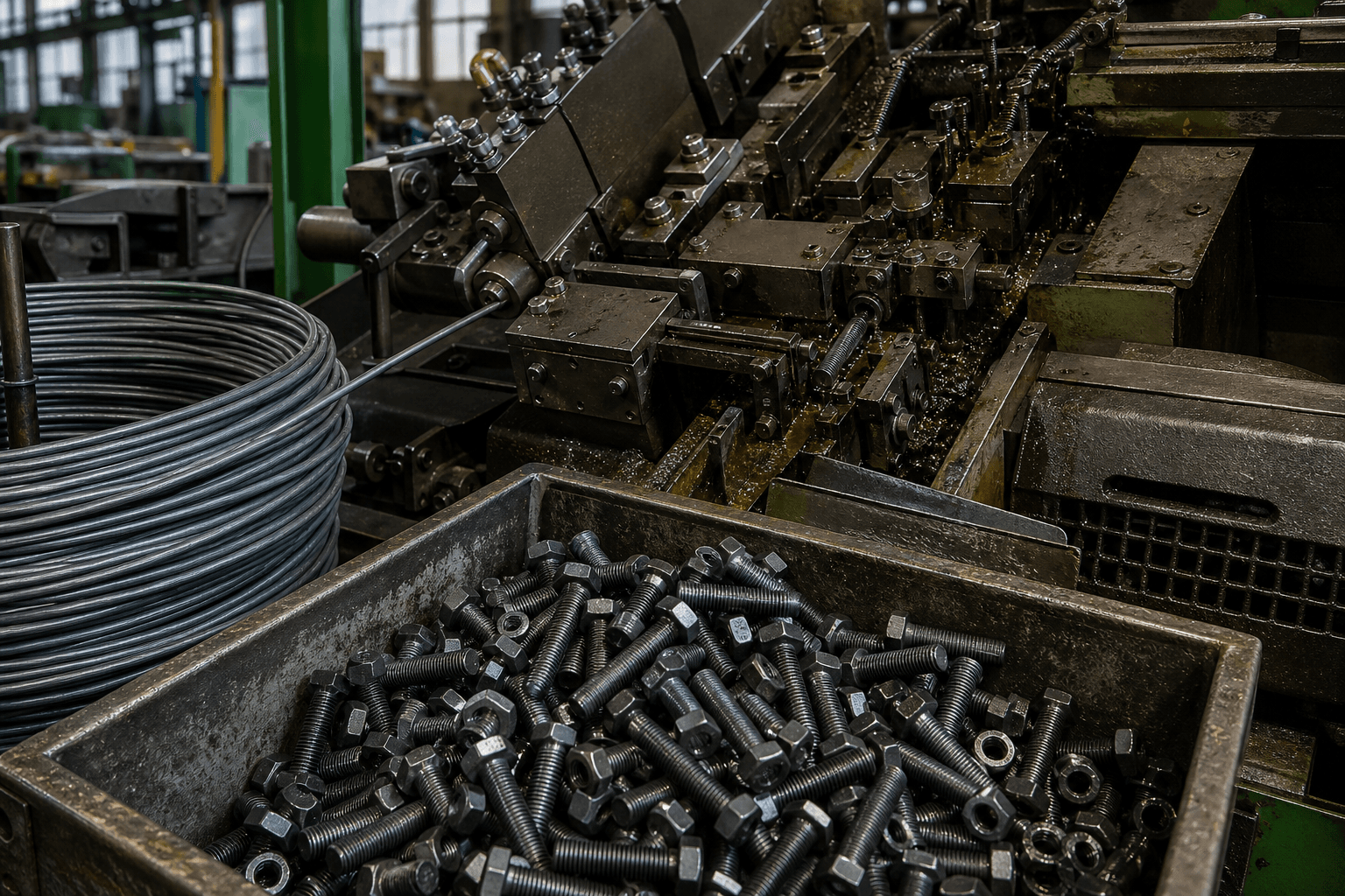 Carbon steel rod processed into bolts and fasteners on a heading line