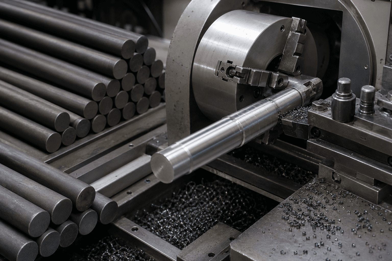 Carbon steel rod turned into a precision shaft on a lathe
