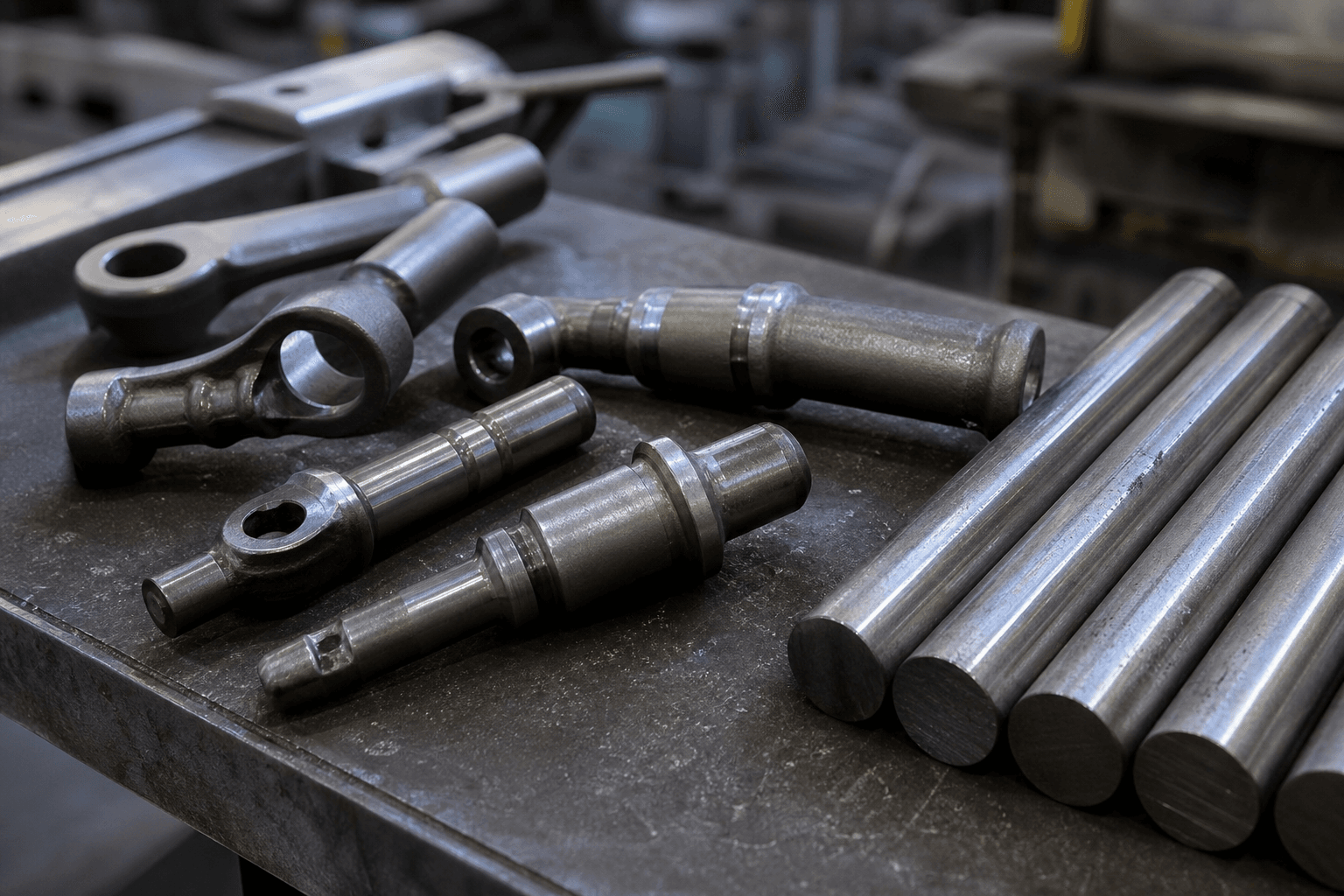 Carbon steel rods alongside machined mechanical and automotive parts