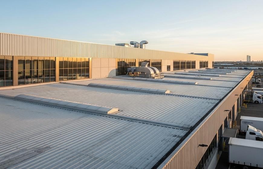 Galvanized corrugated sheet roofing on an industrial building