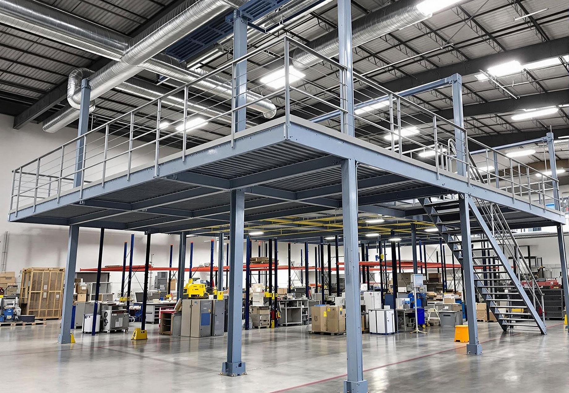 Mezzanine floor framed with I-beams