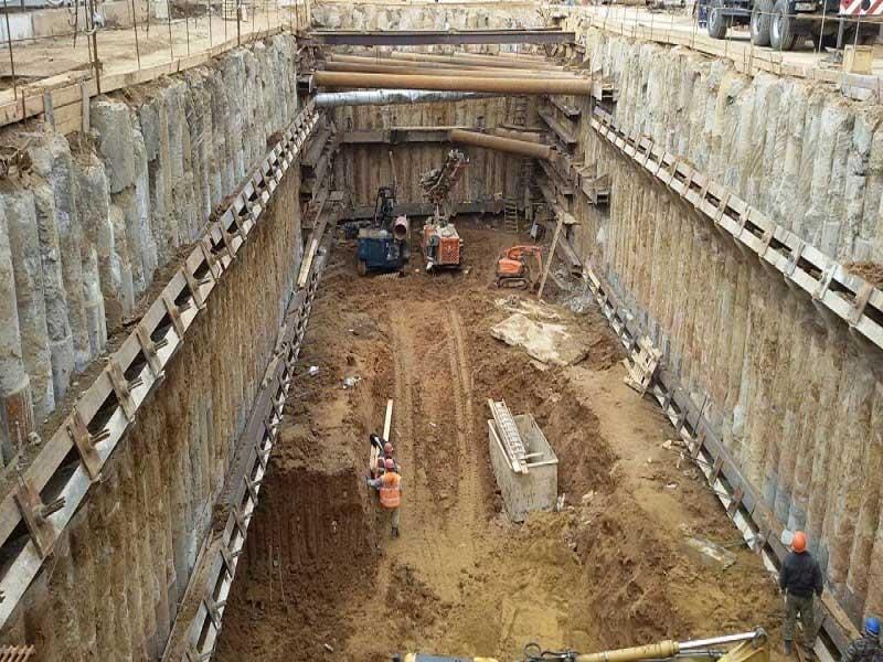 Basement excavation supported by steel sheet piles