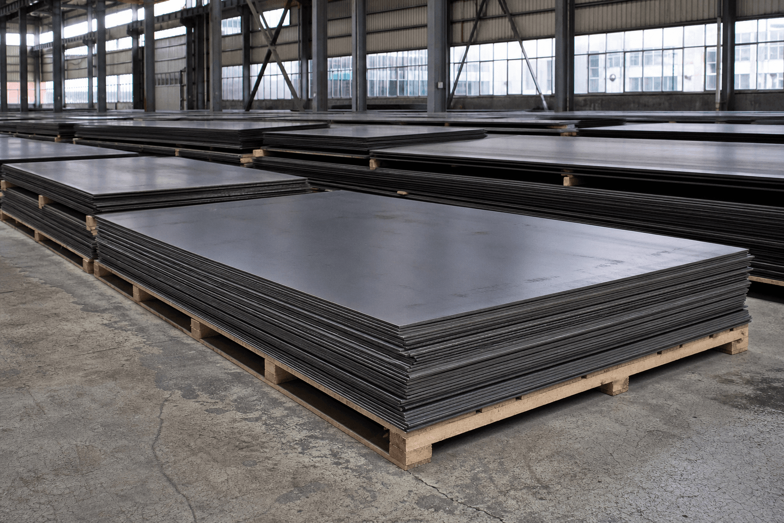 Carbon steel plates stacked for export