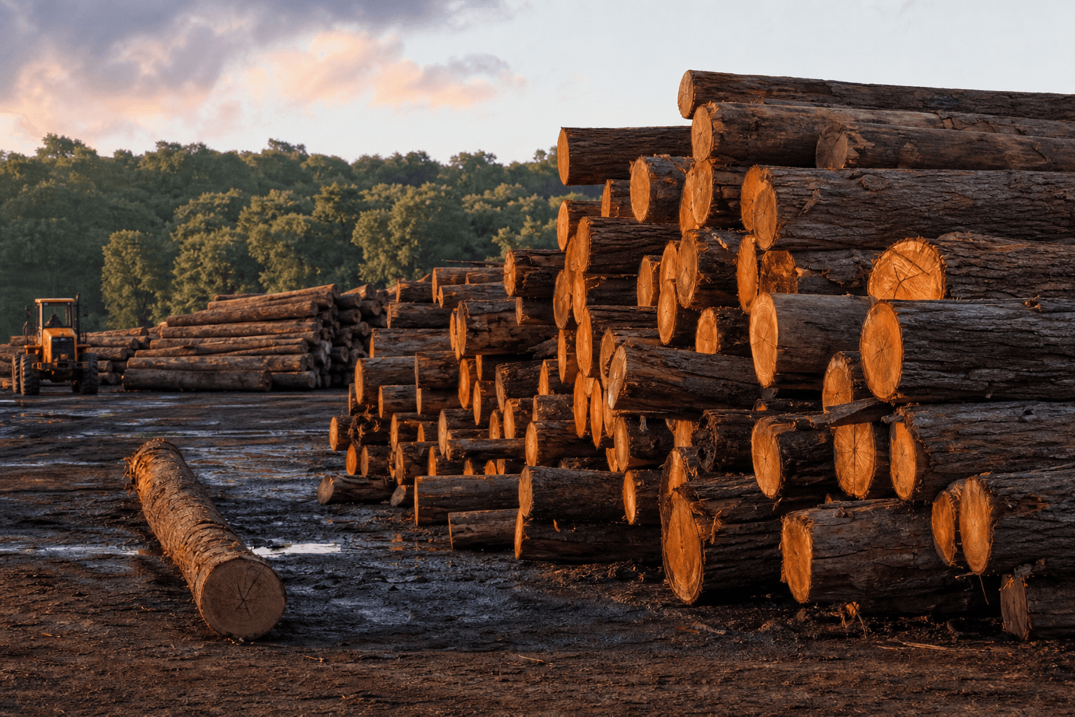 Large timber log stacks in a Mozambique forestry yard at sunset with loader and forest backdrop