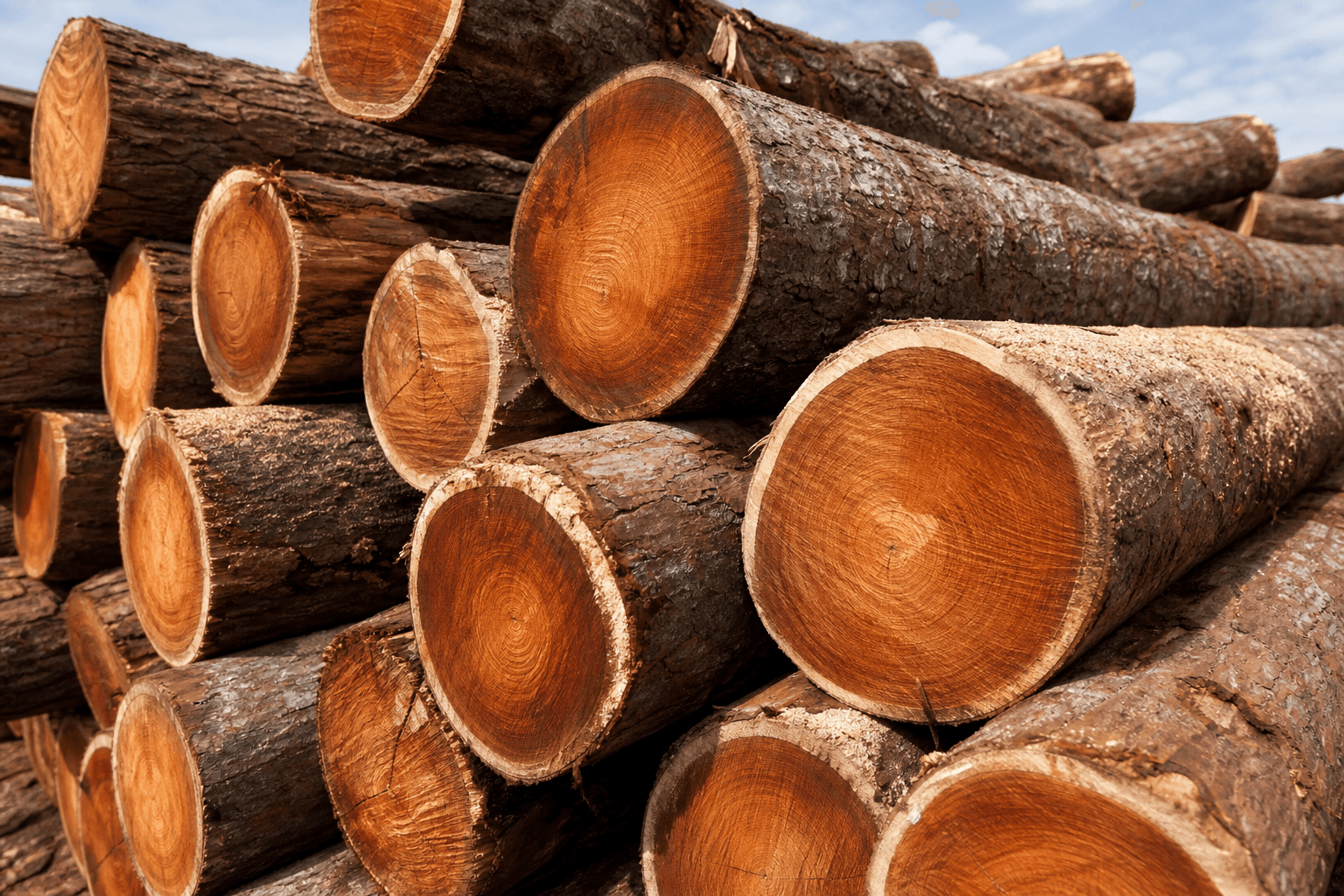 Fresh stack of roundwood logs with reddish heartwood and dark bark