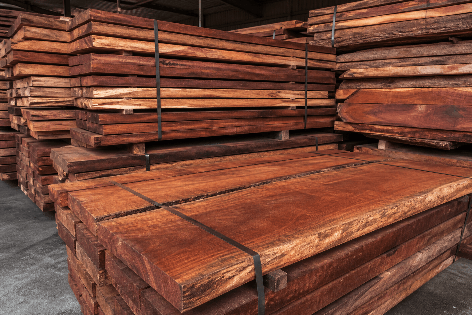 Warehouse stacks of strapped reddish-brown sawn hardwood planks