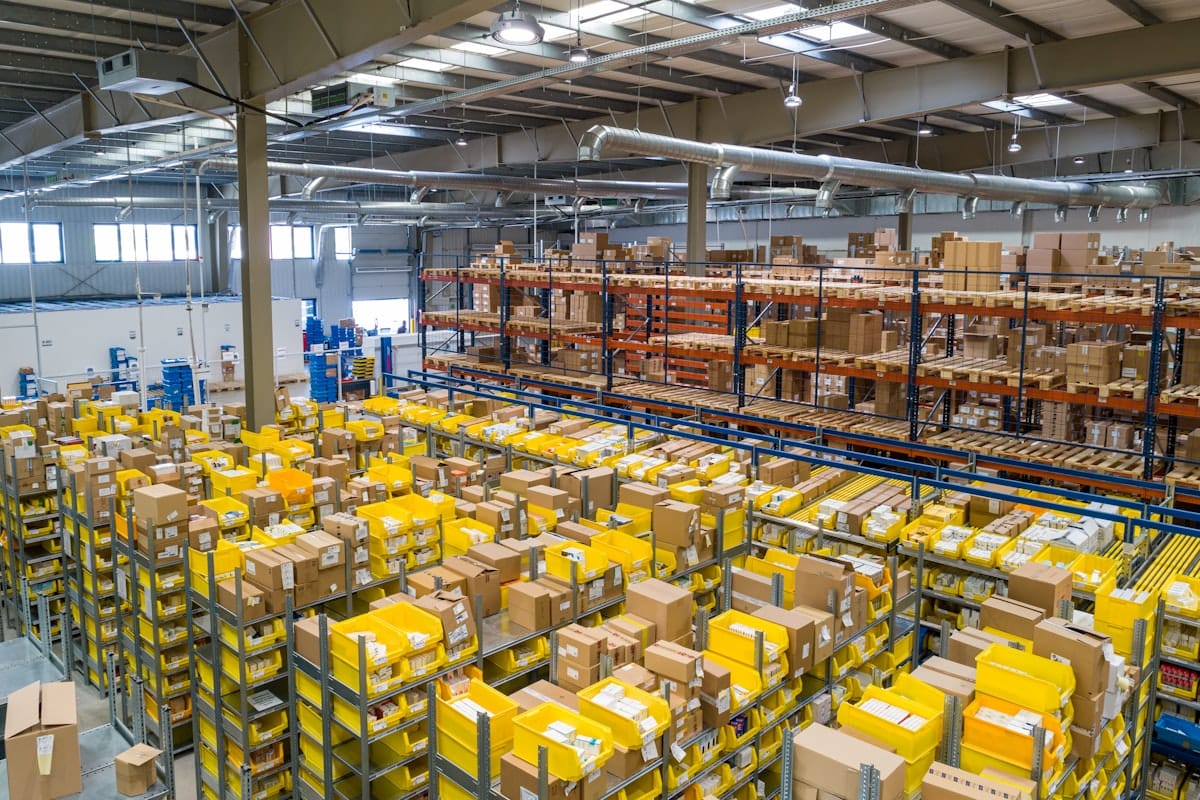 Warehouse logistics aisle with palletized industrial cargo